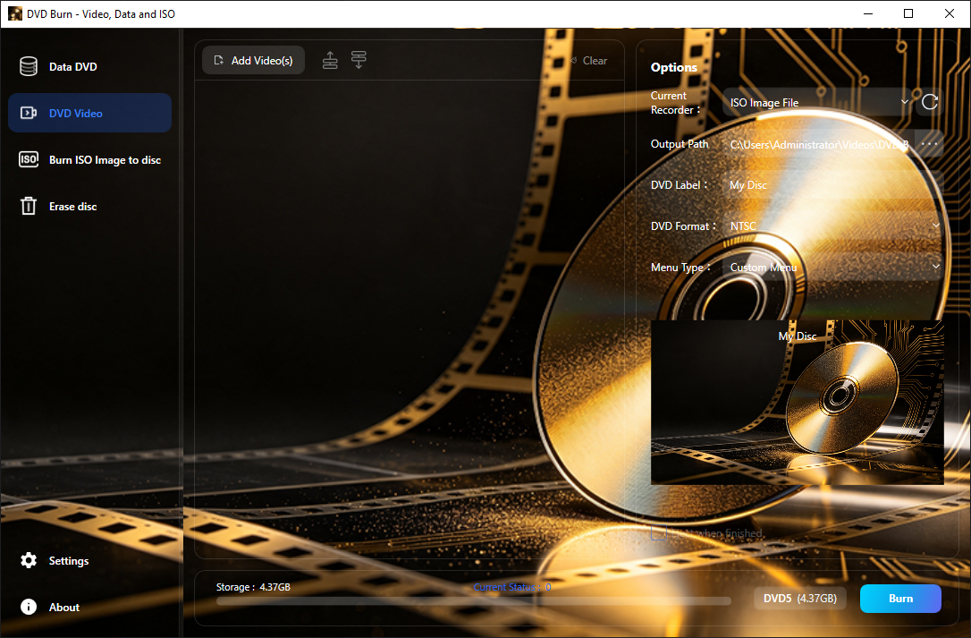 DVD video main screen
