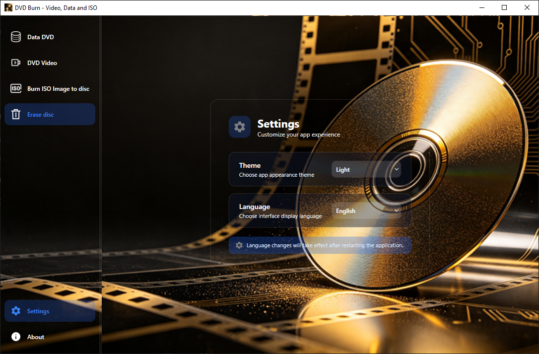 Settings page: theme and language