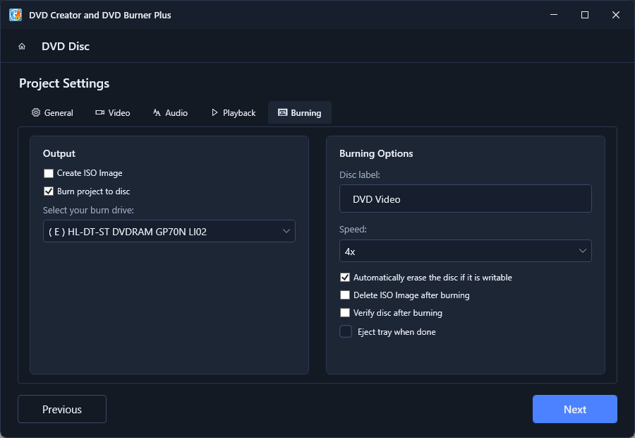 Project Settings - Burning tab