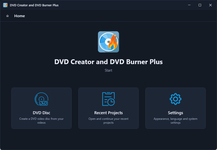 Home screen of DVD Creator and DVD Burner Plus