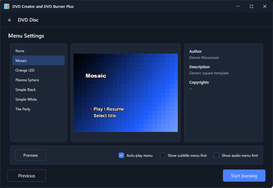 Menu Settings screen - Mosaic template selected