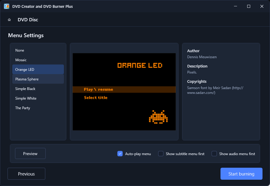 Menu Settings screen - Orange LED template selected