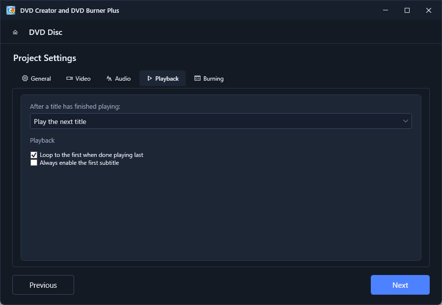 Project Settings - Playback tab