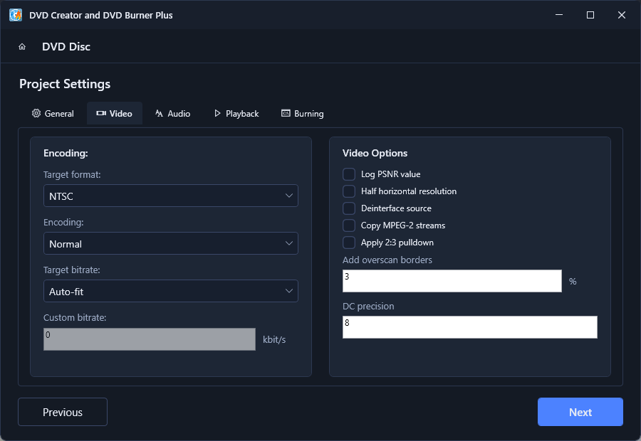 Project Settings - Video tab