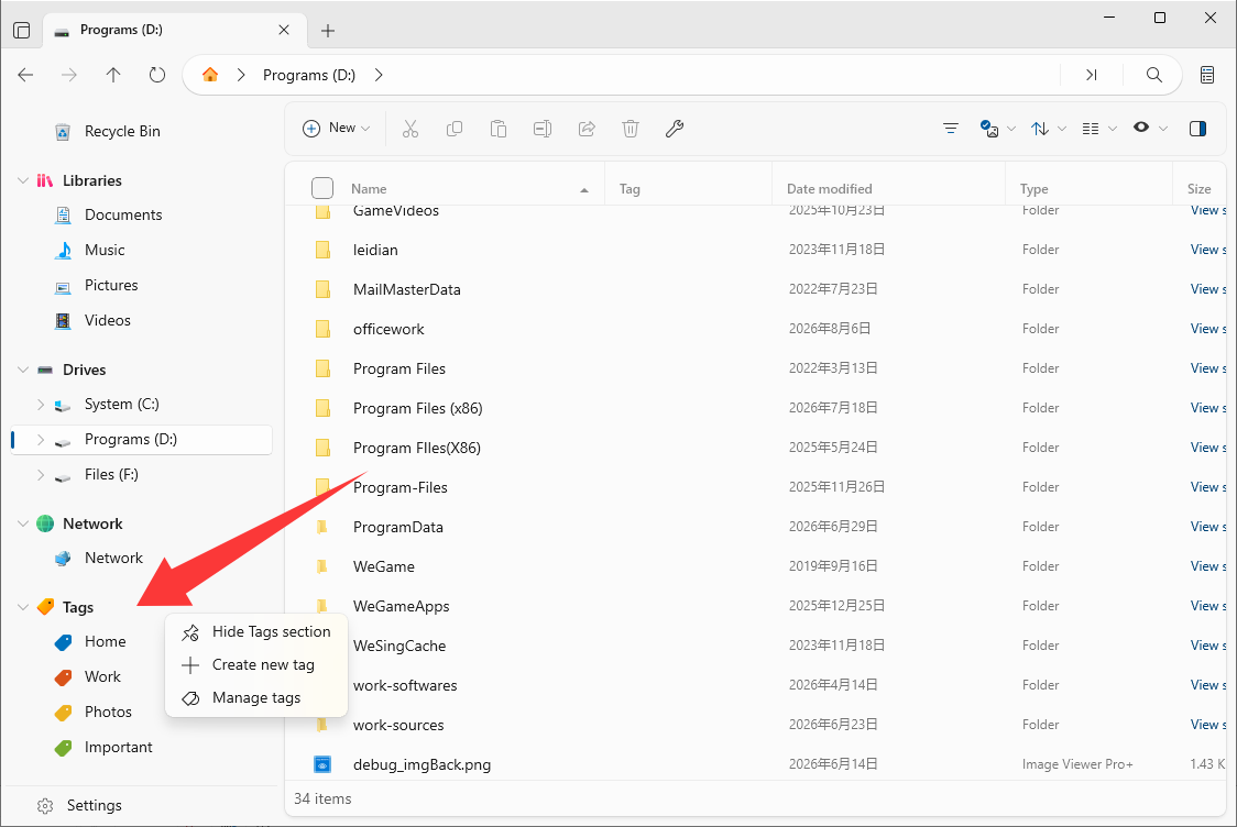 Tag options in the right-click context menu