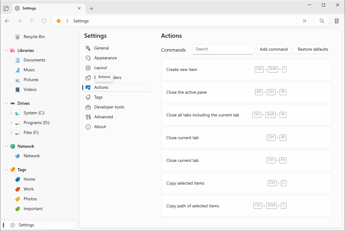 Actions settings showing command shortcuts
