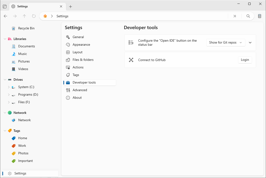 Developer tools settings for Git and IDE