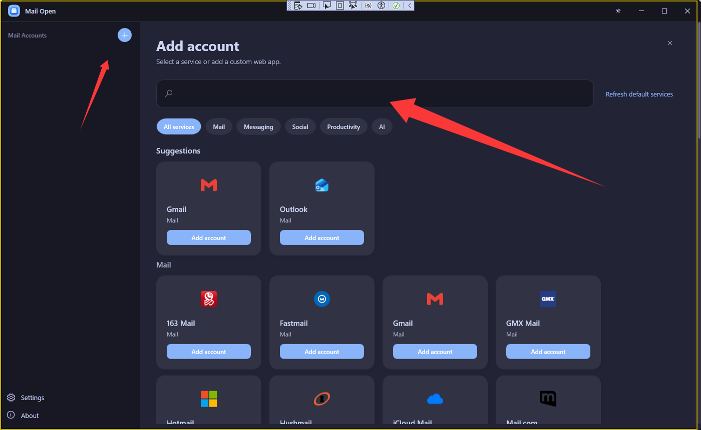 Add Account Panel — Search & Category Filter