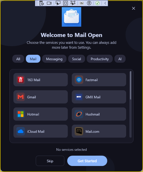 Welcome Window — Select Services