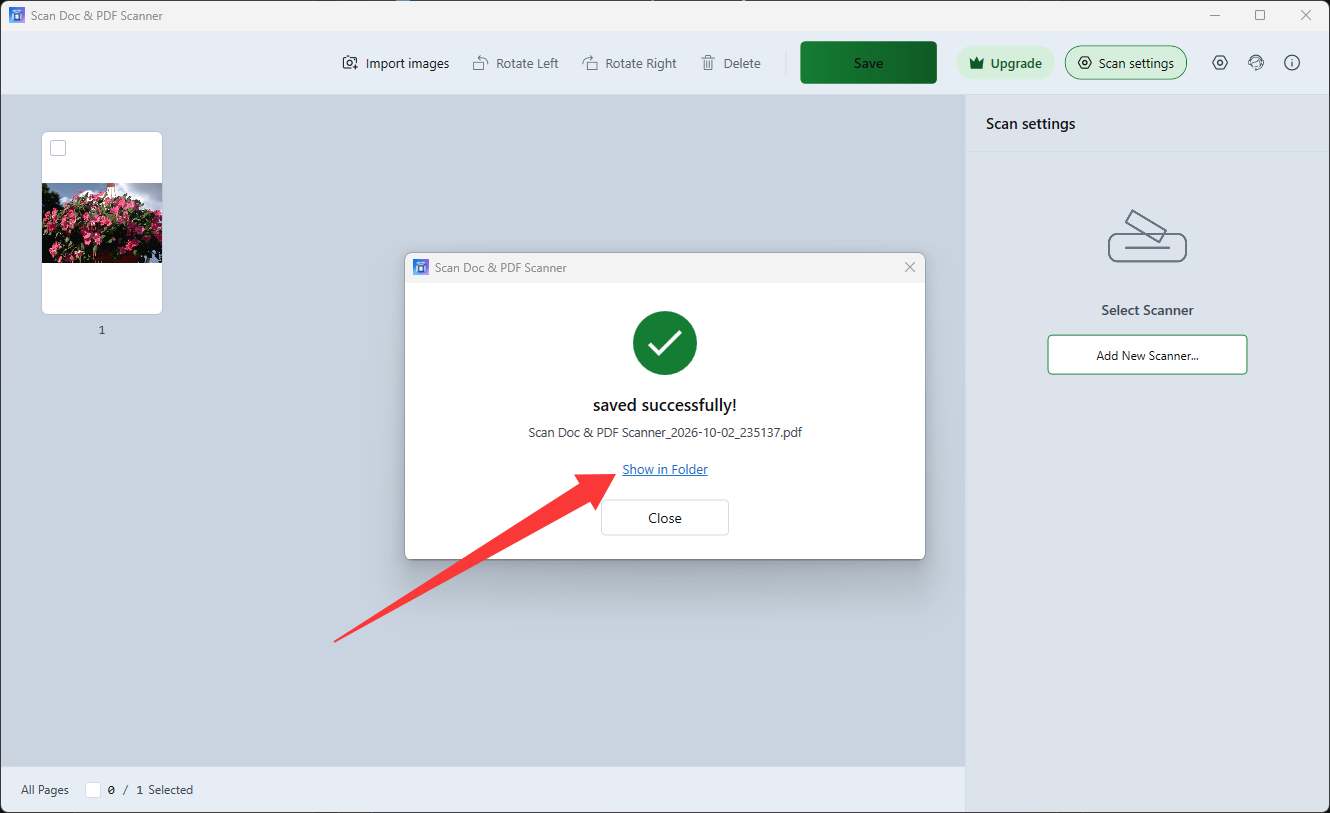 Export success prompt