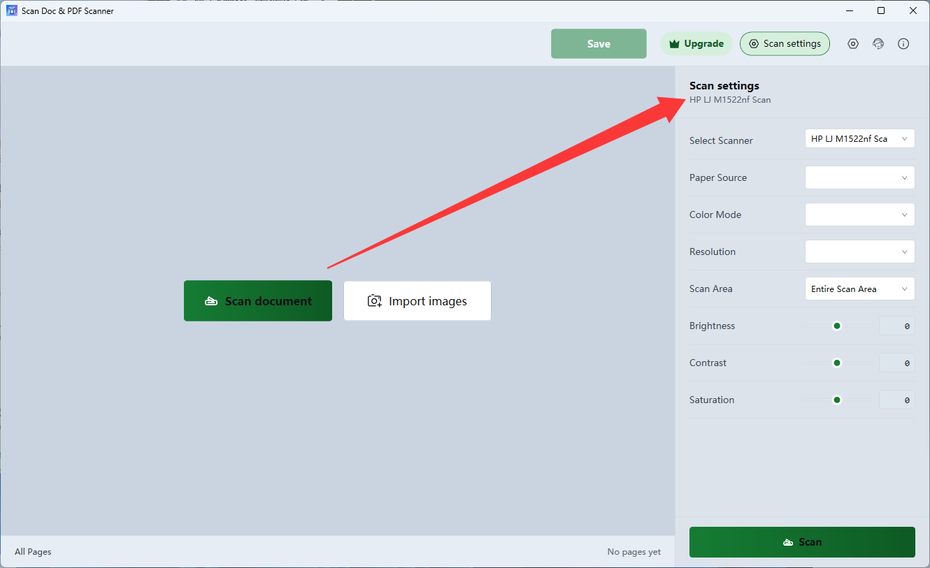 Scan settings panel