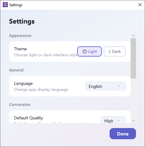 Settings window showing theme and language