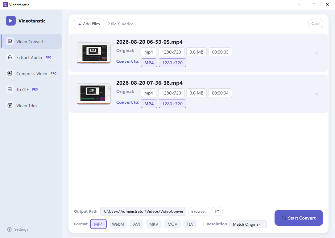 Two video files added to Videotanstic with their format, resolution, size and duration