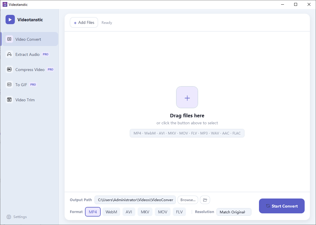 Videotanstic main window with the tool sidebar and Start Convert button