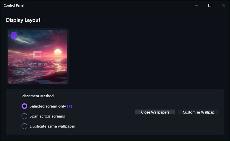 The Control Panel window showing the display layout, the placement method options and the Close Wallpapers and Customise Wallpaper buttons