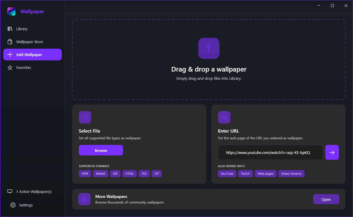 The Add Wallpaper page with the drag and drop area, the Select File card, the Enter URL card and the More Wallpapers card