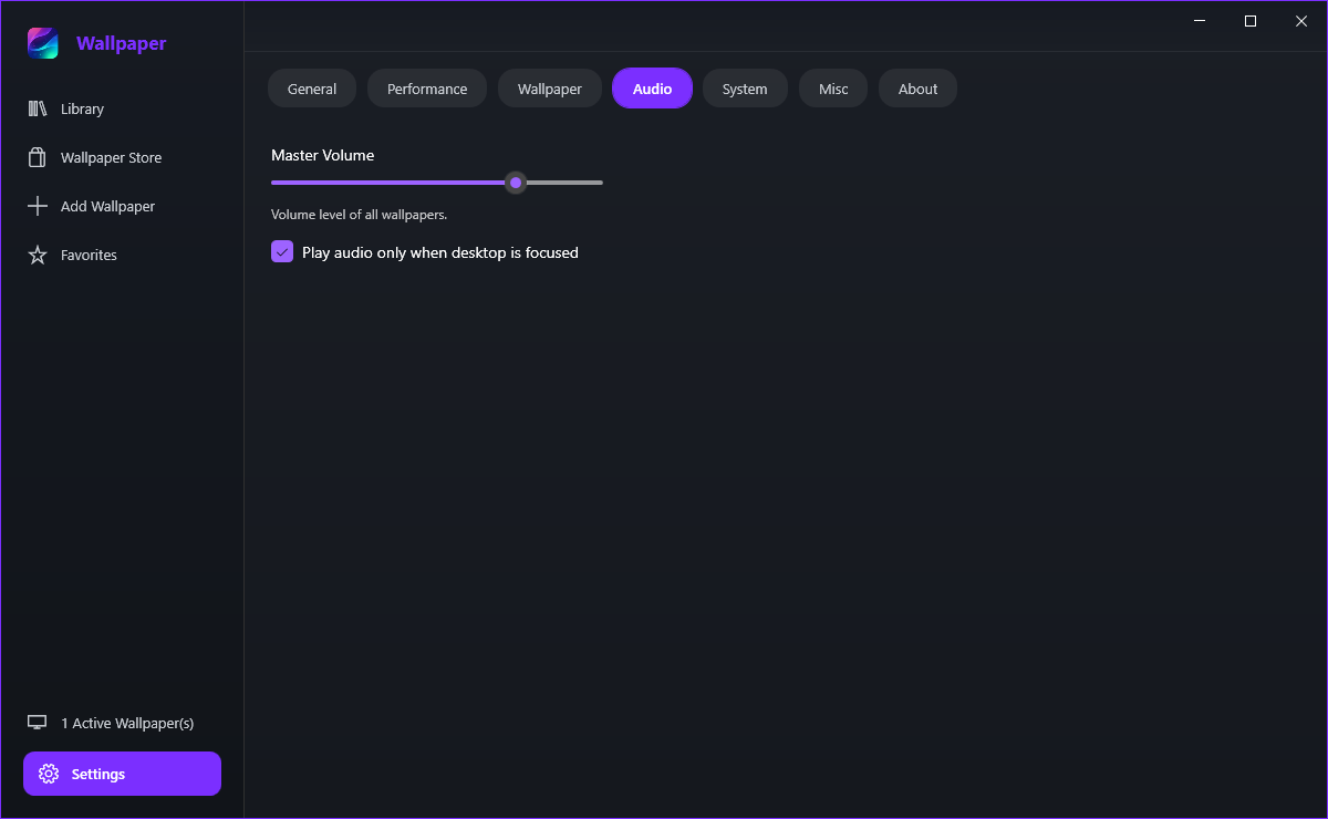 The Settings Audio tab with the Master Volume slider and the desktop-only audio checkbox