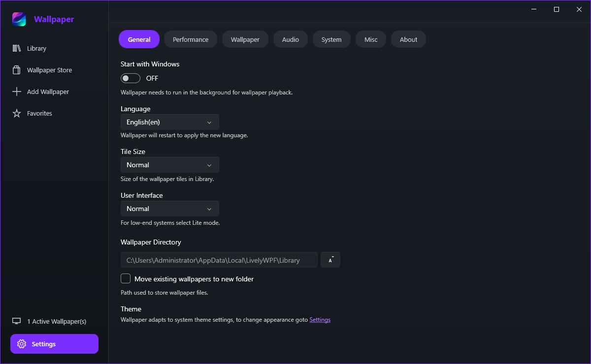The Settings General tab with Windows startup, language, tile size, user interface, wallpaper directory and theme options