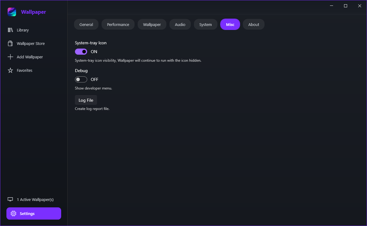 The Settings Misc tab with the system tray icon switch, the Debug switch and the Log File button