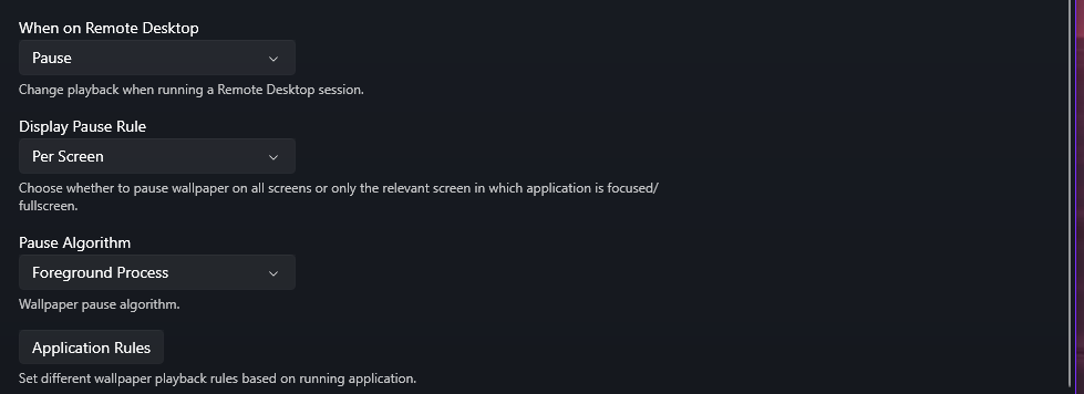 The lower part of the Performance tab with Display Pause Rule, Pause Algorithm and the Application Rules button