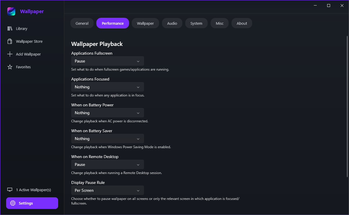 The Settings Performance tab with the fullscreen, application focus, battery, battery saver and Remote Desktop playback rules