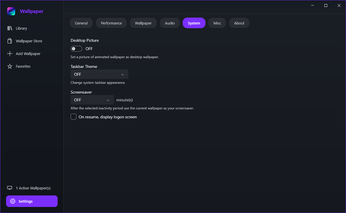 The Settings System tab with Desktop Picture, Taskbar Theme and Screensaver options