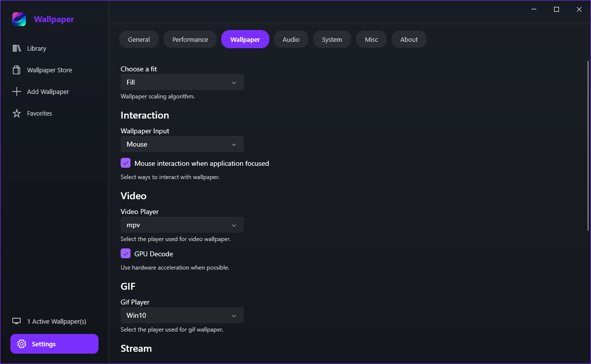 The Settings Wallpaper tab with the fit options, wallpaper input, video player and GIF player