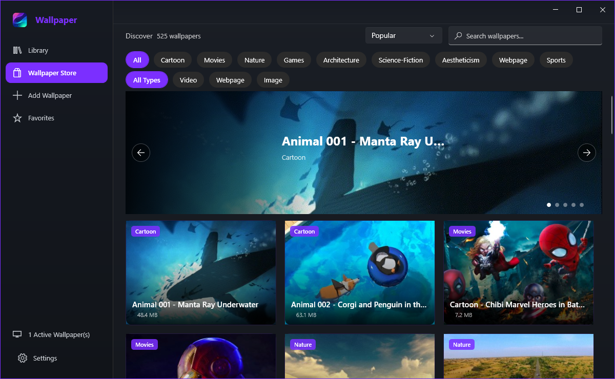 The store grid with category chips, the sort dropdown and the search box