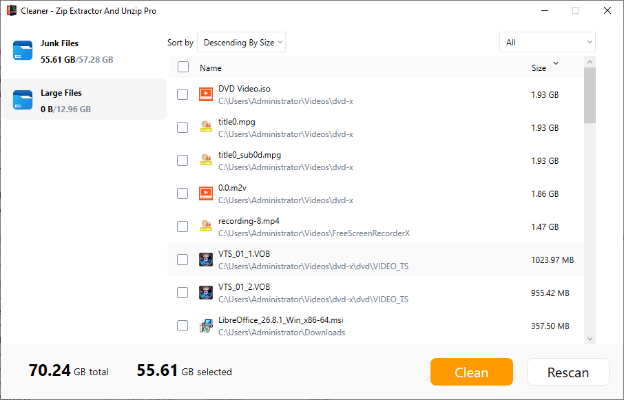 Large files result