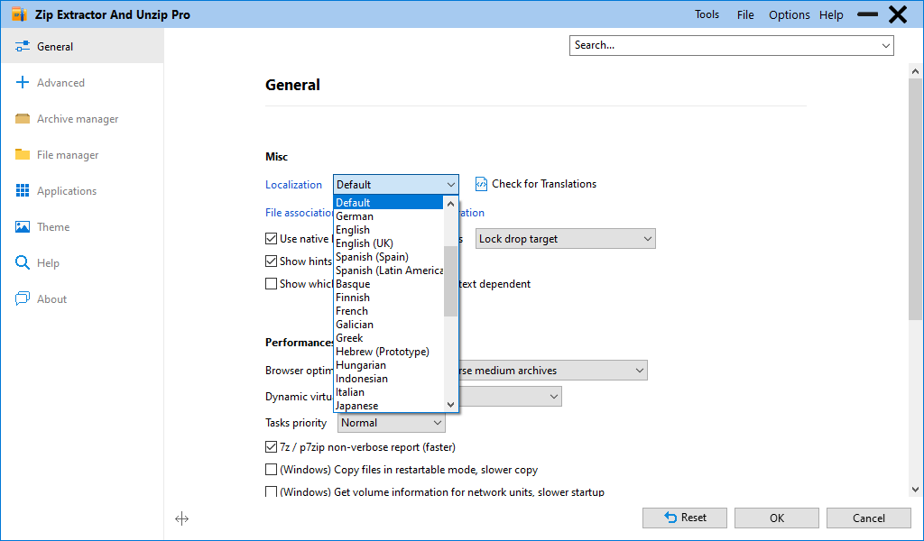 Language selector under Options